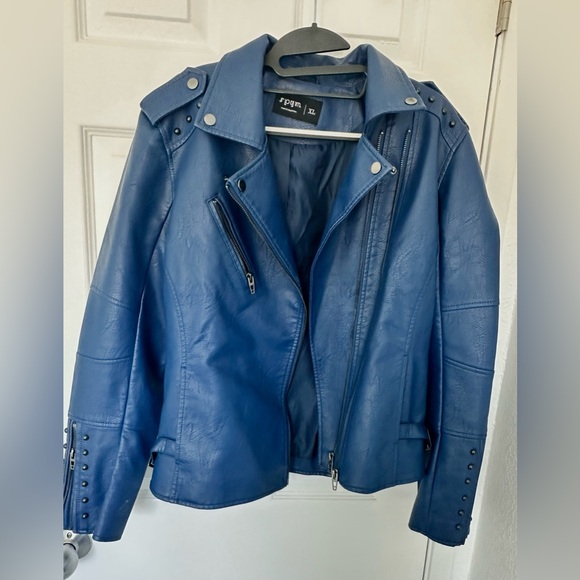 S P Y M Women’s Faux Leather Jacket, Double Zip Up, Moto Biker, Rivets- XL- Navy - Picture 5 of 14